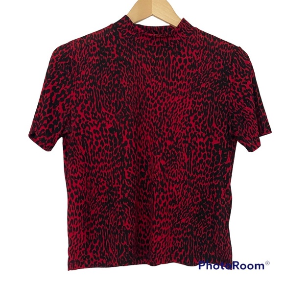 ZARA TRAFALUC RED/BLACK LEOPARD PRINT MOCK NECK SHORT SLEEVED TOP, MEDIUM - Picture 1 of 6